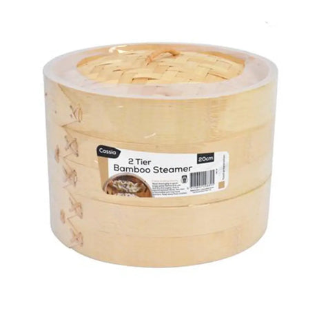 Bamboo steamer with a label on a white background
