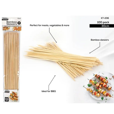 Bamboo skewers with packaging and usage examples on a white background