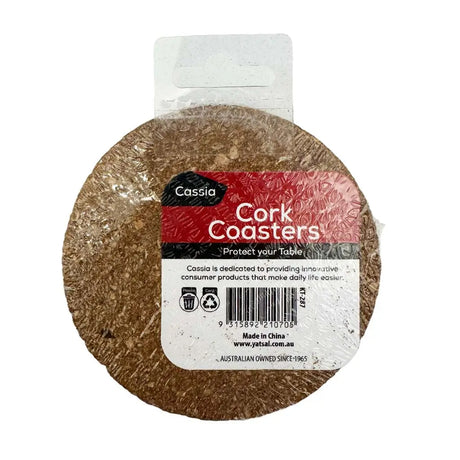 Packaged cork coasters with a visible brand label on a white background