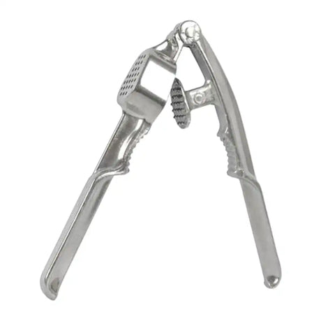 Metallic garlic press on a white background