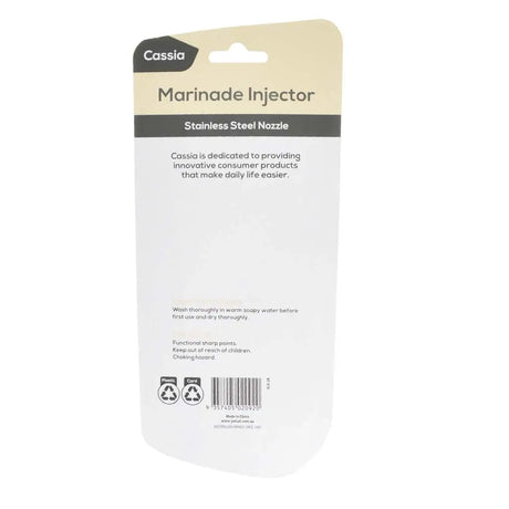Cassia Marinade Injector packaging with branding and product details on a white background