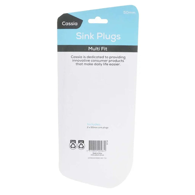 Packaging of Cassia sink plugs on a white background
