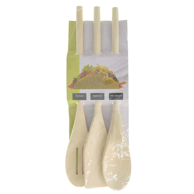 Set of wooden spoons in packaging with a taco image on a white background