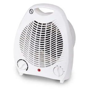 White electric space heater with control knobs on a white background