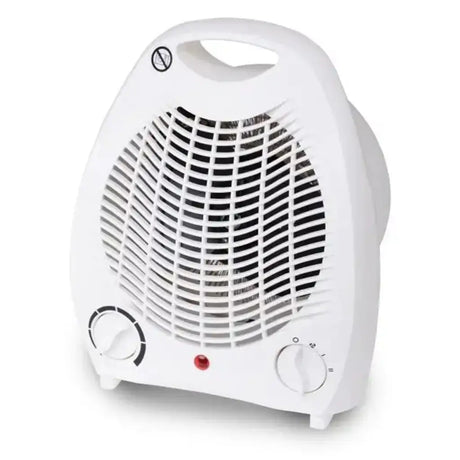 White electric space heater with control knobs on a white background