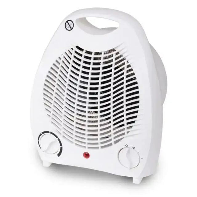 White electric space heater with control knobs on a white background