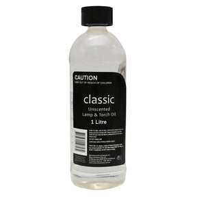 Bottle of classic unscented lamp and torch oil with a black label on a white background