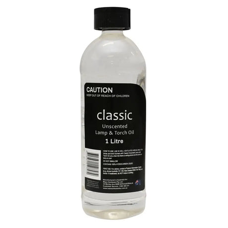 Bottle of classic unscented lamp and torch oil with a black label on a white background