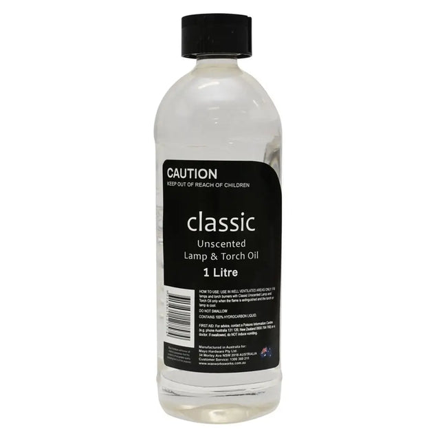 Bottle of classic unscented lamp and torch oil with a black label on a white background