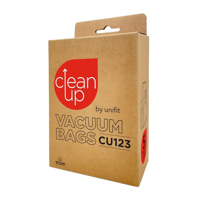 Box of 'clean up' by unifit vacuum bags with a red logo on a white background