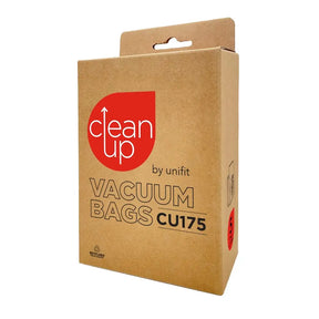 Box of 'clean up by unifit' vacuum bags CU175 on a white background