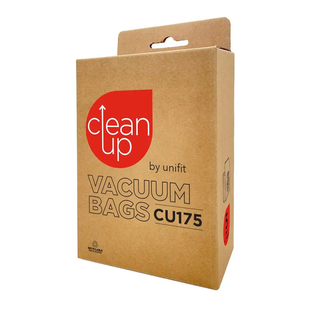 Box of 'clean up by unifit' vacuum bags CU175 on a white background