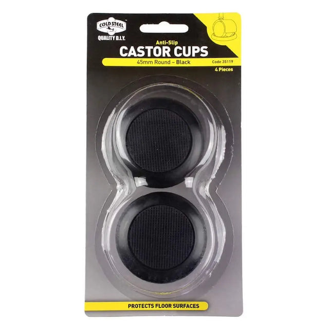 Packaged black castor cups with visible branding on a white background