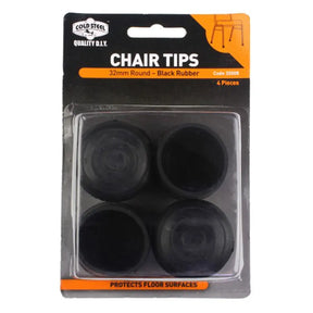 Pack of black rubber chair tips with packaging displaying brand name and product details.