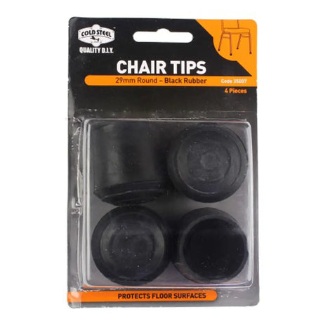Packaged chair tips with black rubber on a white background