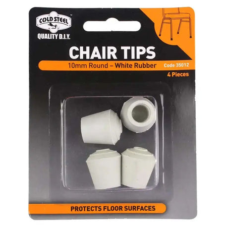 Packaging of chair tips with white rubber tips on a clear background