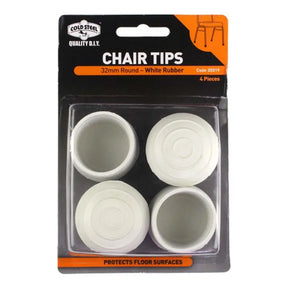 Pack of white chair tips with packaging displaying brand name and product details.