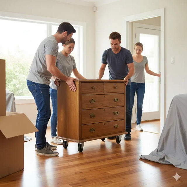 Four people moving a wooden dresser in a room with boxes and furniture.