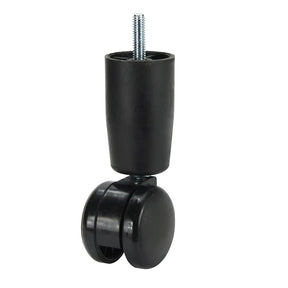 Black caster wheel with a screw on a white background