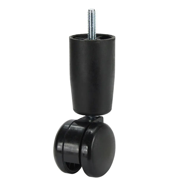 Black caster wheel with a screw on a white background