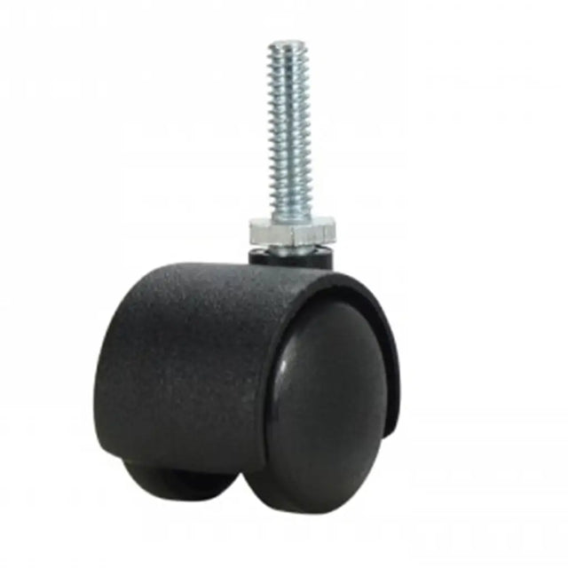 Black caster wheel with a screw on a white background