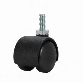 A black dual-wheel caster wheel with a silver threaded metal stem and hex nut, shown on a plain white background.