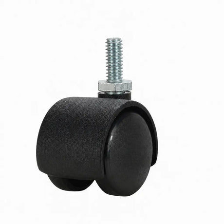 A black dual-wheel caster wheel with a silver threaded metal stem and hex nut, shown on a plain white background.