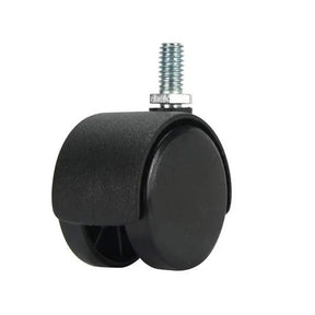 Black caster wheel with a screw on a white background