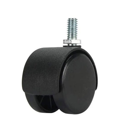 Black caster wheel with a screw on a white background