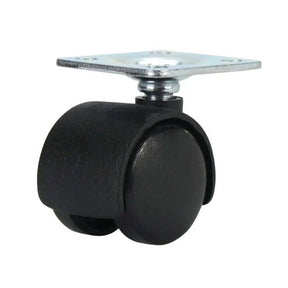 Black caster wheel with metal plate on a white background