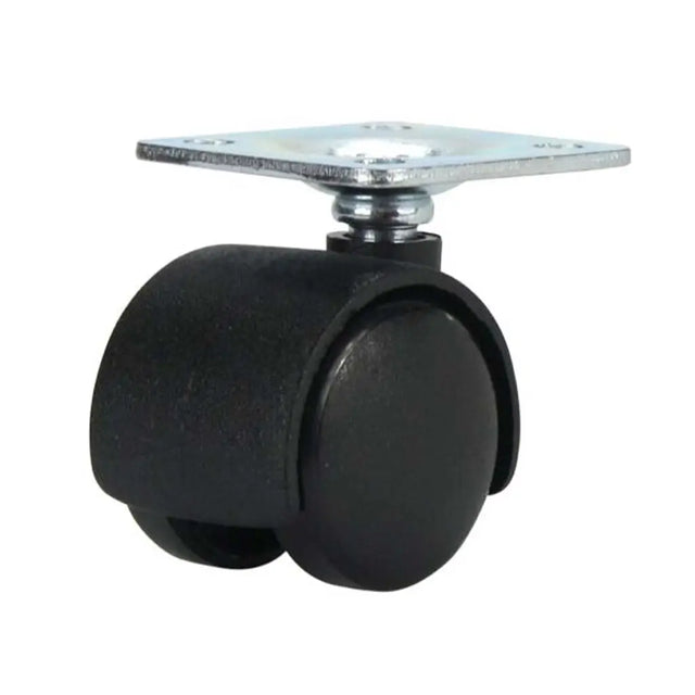 Black caster wheel with metal plate on a white background