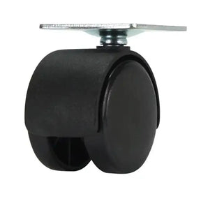 Black caster wheel with a metal plate on a white background