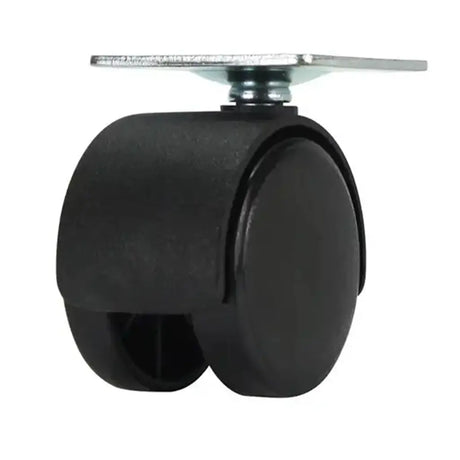 Black caster wheel with a metal plate on a white background