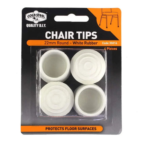 Packaging of white chair tips with 'Cold Steel' branding on a white background