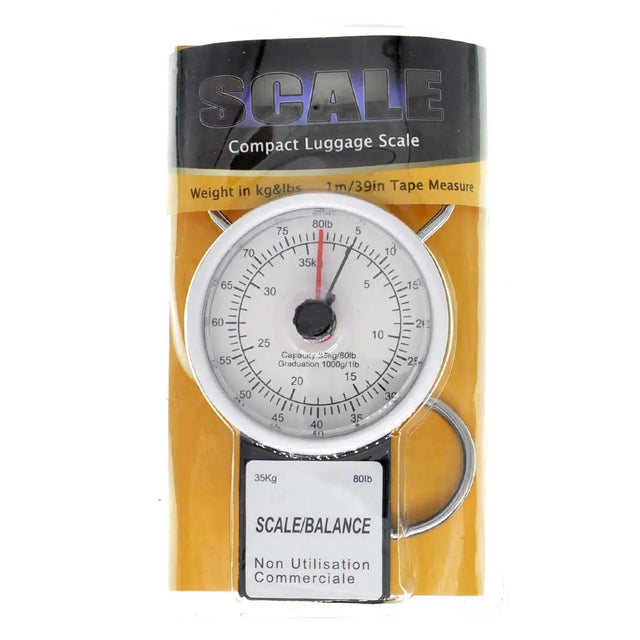 Compact luggage scale with packaging on a white background