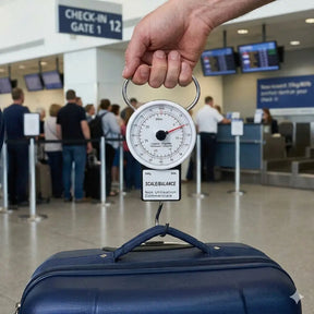 Hand holding a luggage scale over a blue suitcase in an airport check-in area.
