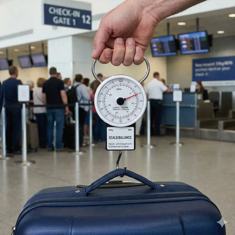 Hand holding a luggage scale over a blue suitcase in an airport check-in area.