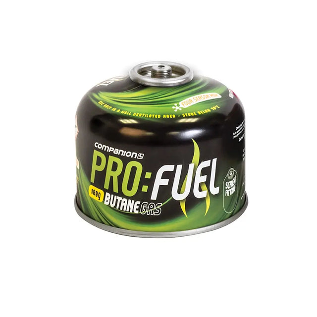 A Companion Pro-Fuel 1493 Butane Gas canister, featuring a black and green label with white and yellow text, on a solid white background.