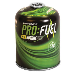 A Companion Pro-Fuel 450g butane gas cylinder with a green and black swirled design, featuring white and yellow text, on a white background.