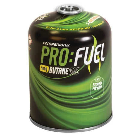 A Companion Pro-Fuel 450g butane gas cylinder with a green and black swirled design, featuring white and yellow text, on a white background.