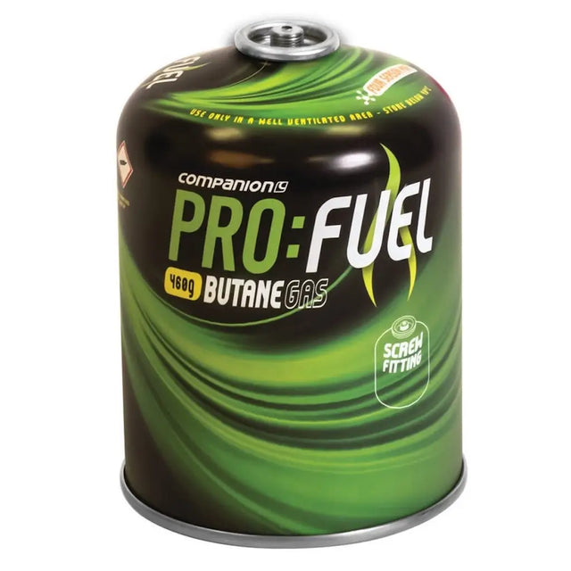 A Companion Pro-Fuel 450g butane gas cylinder with a green and black swirled design, featuring white and yellow text, on a white background.