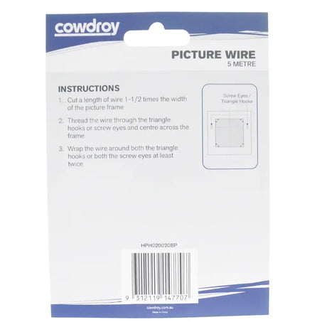 Cowdroy picture wire packaging with instructions and branding