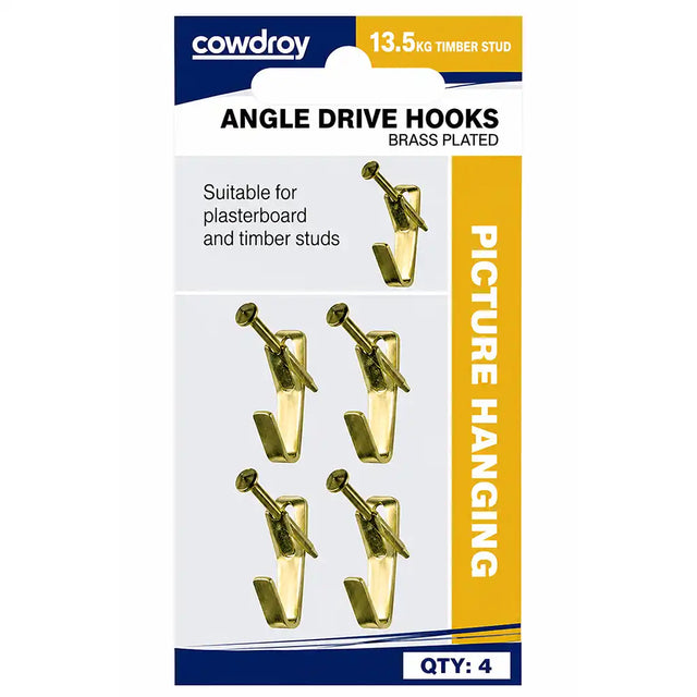 Cowdroy angle drive hook 13.5kg showing twin pin nail detail and brass plated finish