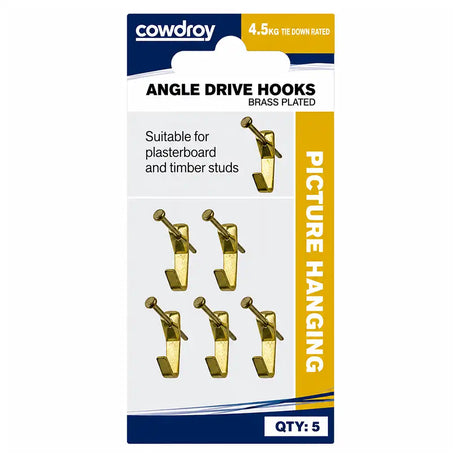 Cowdroy Angle Drive Hooks brass plated retail packaging showing 5-piece set suitable for plasterboard and timber studs with 4.5kg tie down rating