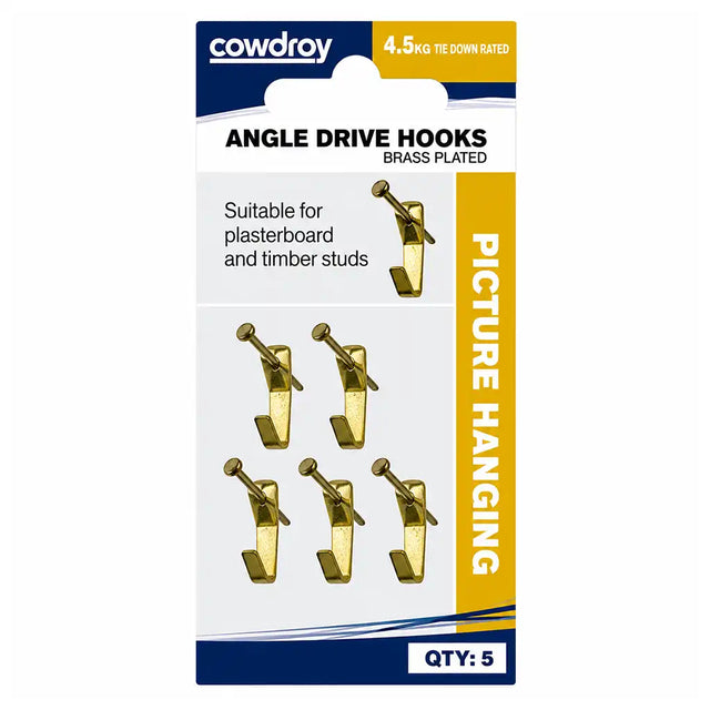 Cowdroy Angle Drive Hooks brass plated retail packaging showing 5-piece set suitable for plasterboard and timber studs with 4.5kg tie down rating