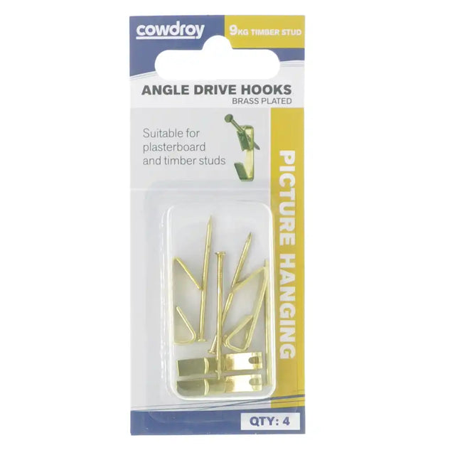 Pack of gold angle drive hooks with Cowdroy branding on a white background