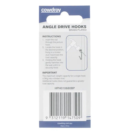 Package of Cowdroy angle drive hooks with instructions and branding.
