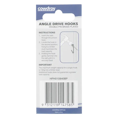 Package of Cowdry angle drive hooks with instructions and branding.