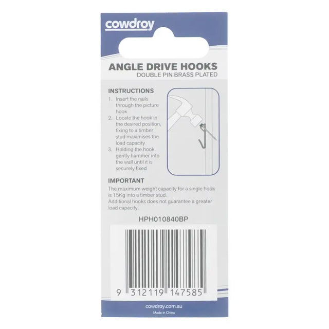 Package of Cowdry angle drive hooks with instructions and branding.