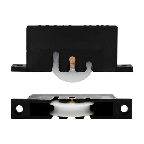 Two black metal pulley systems on a white background